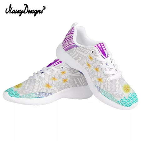 

Noisydesigns Hawaiian Tropical Plumeria Tribe Print Women Shoes Polynesia Style Breathable Flats for Female Mesh Lace-Up Sneaker