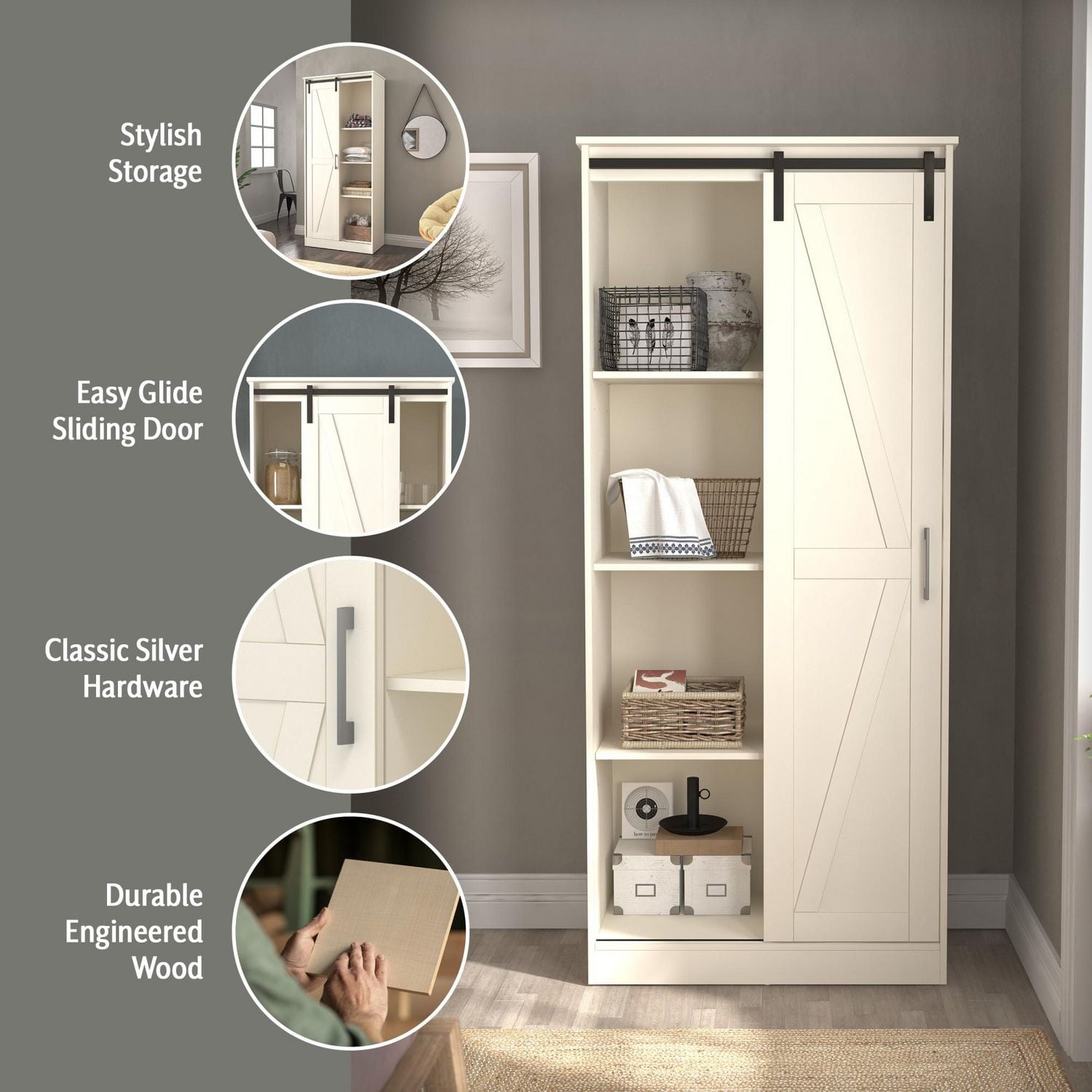 Hillsdale Shelton Wood Kitchen Pantry with 1 Sliding Barn Door