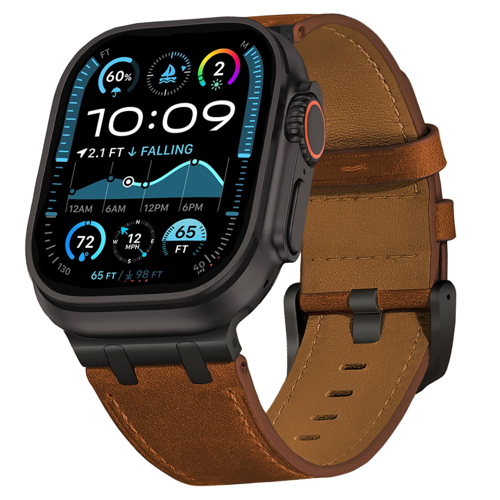 Leather Band for Apple Watch Ultra 2/1 49mm, Vintage Leather Strap Band with Black Metal Buckle & Edge Stitching, Band for iWatch Series 10 9 8 7 6 5 4 3 SE 2 1 42/44/45/46mm Men Women, Redbrown