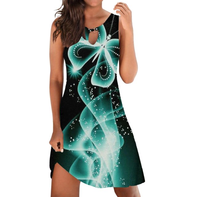 Gibobby Vestido corta de fiesta casual Vestido casual sin mangas con estampado de flores y mariposas para mujer(Verde de menta,G)