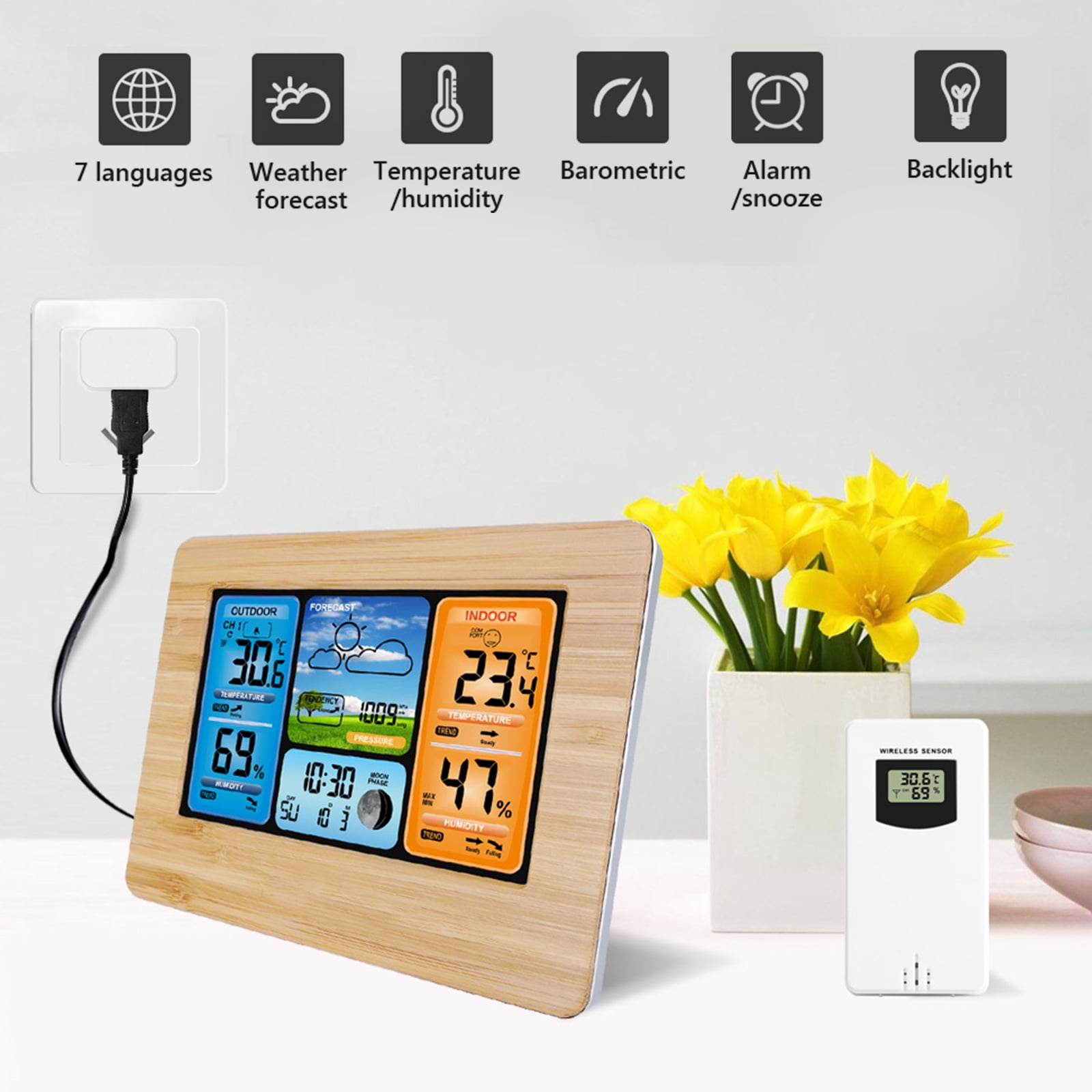 Wireless Weather Station with Color HD Display, EEEkit LCD Digital Weather Station with Indoor Outdoor Digital Thermometer Home Alarm Clock with Temperature Humidity Barometer Alarm Moon Phrase