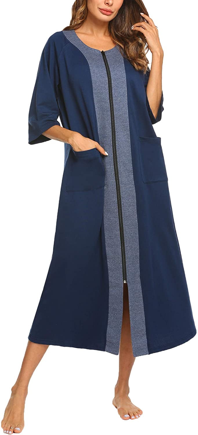 Ekouaer Women Zipper Front House Coat Short Sleeves Robe Zip up Bathrobes Short Nightgown with Pockets 