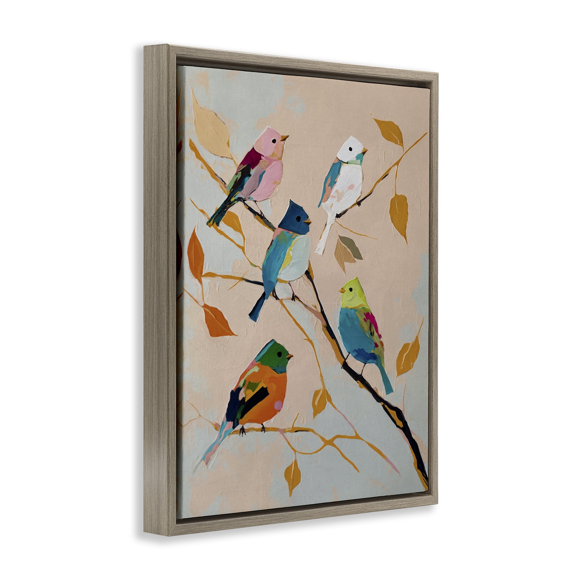 Stupell Industries Parakeets on Fall Branch Animals Painting Brown Floater Framed Canvas Art Print Wall Art, 17 x 21