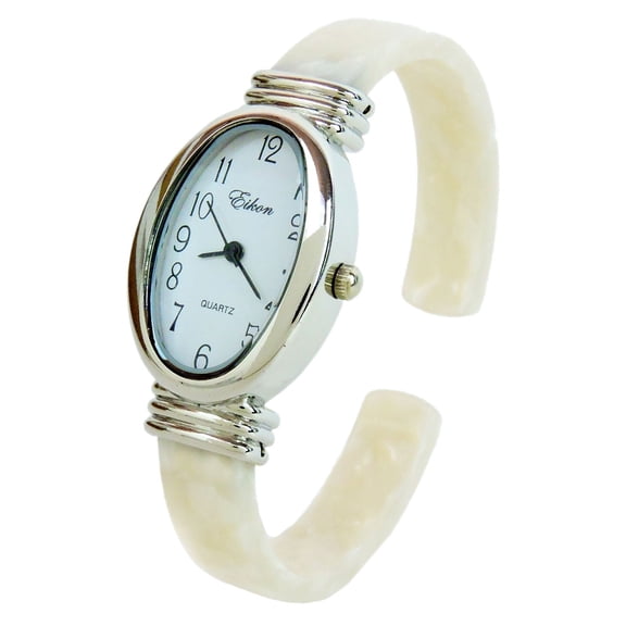 White Pearl Silver Acrylic Band Oval Face Women's Bangle Cuff Watch