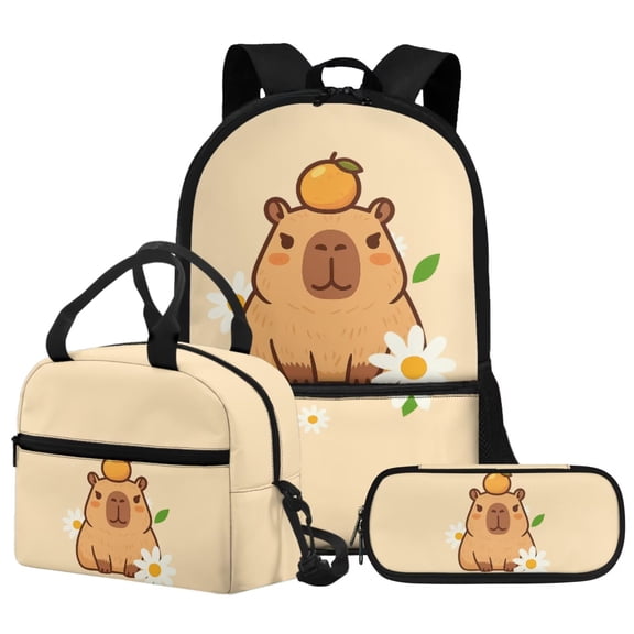 FUIALDOLG Daisy Orange Capybara Backpack With Lunch Box And Pencil Case School Bookbag 17 Inch Elementary Middle School Backpack Kawaii Cute Capybara Lunch Box Pen Pouch