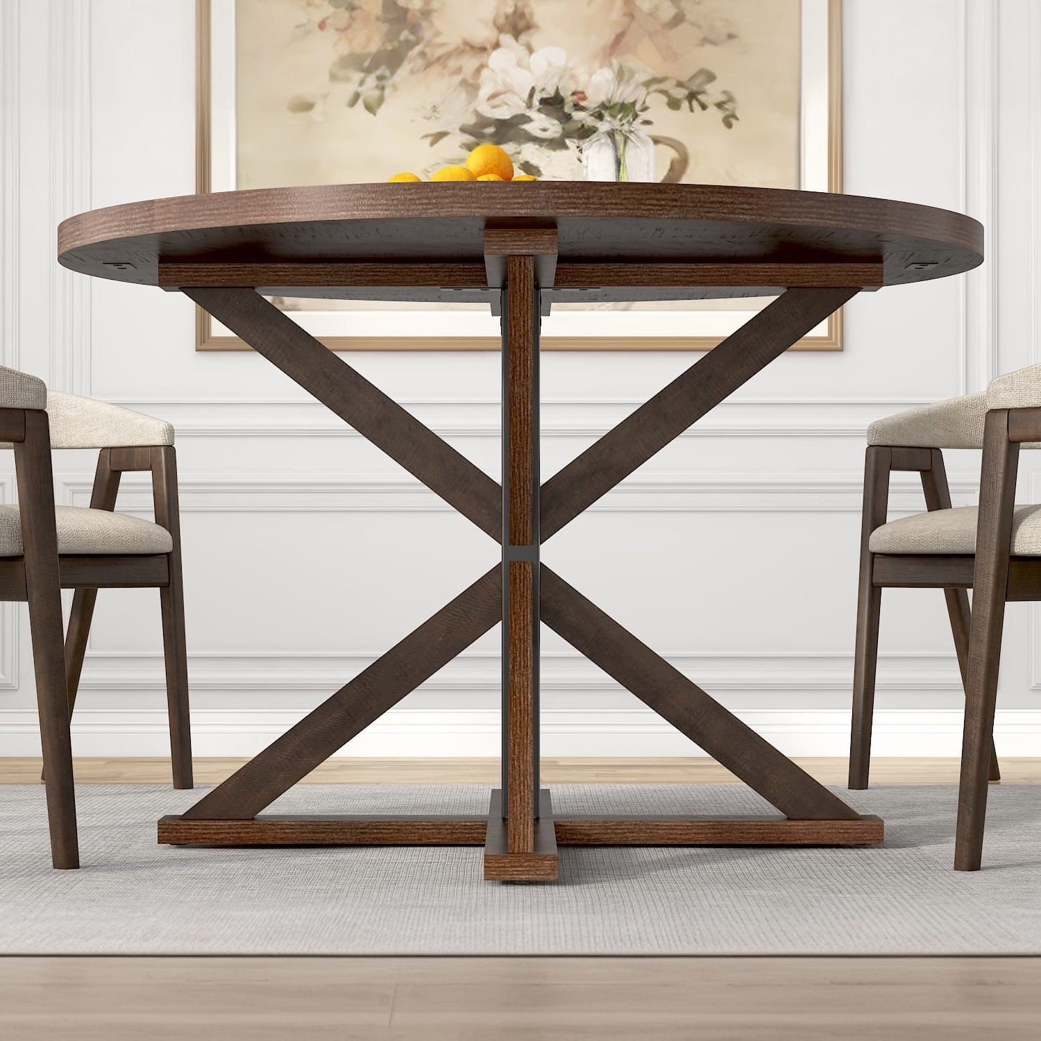 ChVans 47" Round Dining Table for 4 People, Rustic Farmhouse Wooden Round Table for Kitchen Living Roon Dinning Room