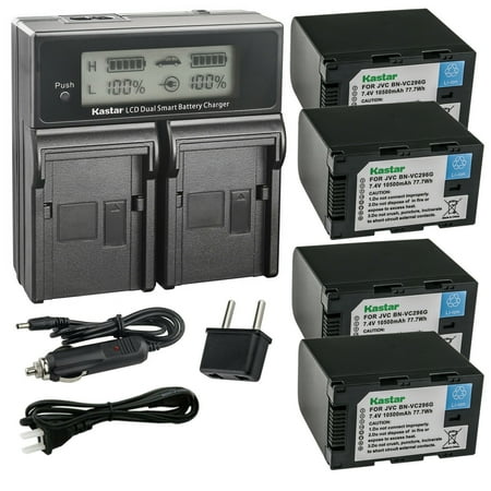 Kastar 4-Pack Battery and AC LCD Dual Fast Charger Compatible with JVC BN-VC264G BN-VC296G Battery JVC AA-VC20 AA-VC20E AA-VC20U Battery Charger JVC GY-HC500 Series Camcorder