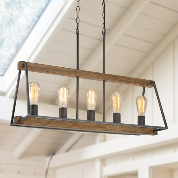 LNC  Martin 5-Light Brown Wood Grain and Brushed Gray Farmhouse Cage LED Chandelier