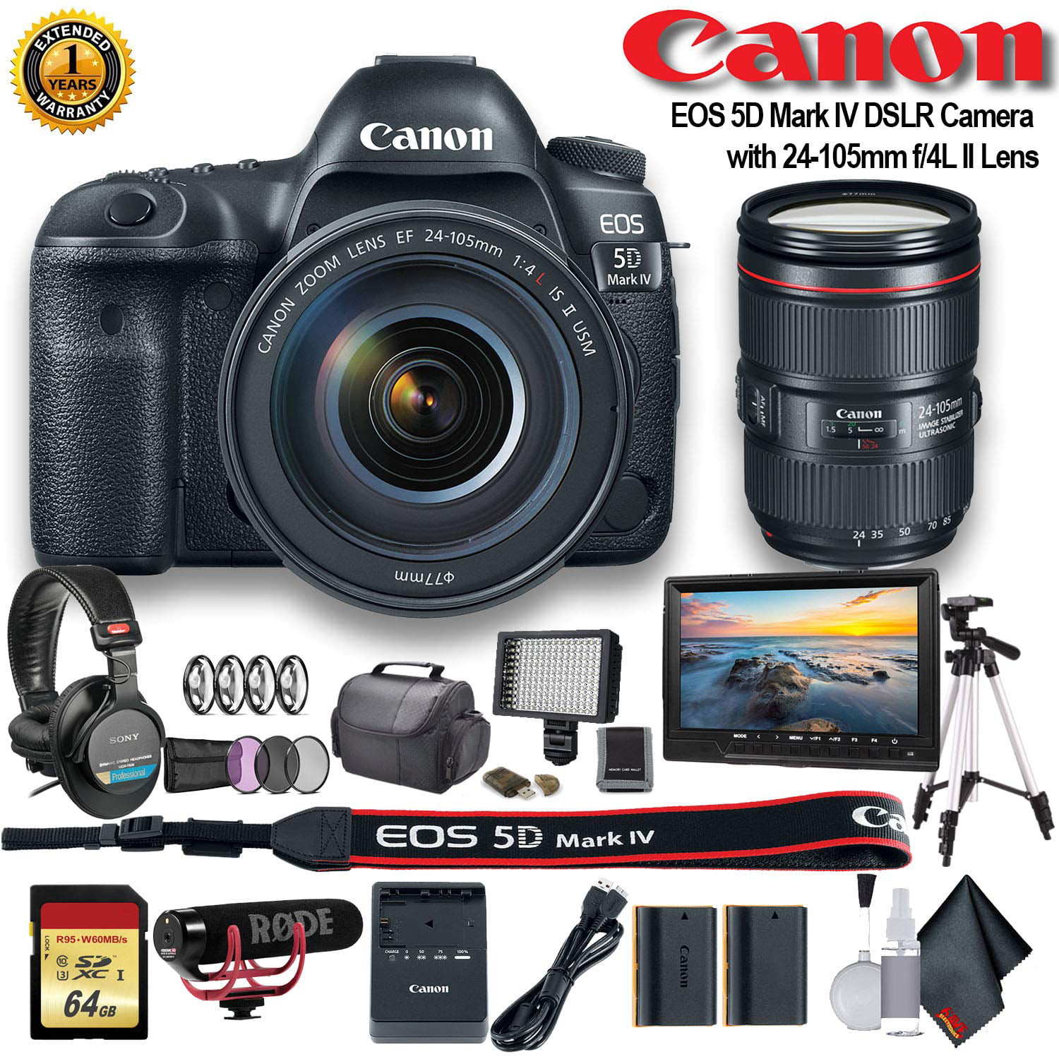 2 Pack SanDisk 64GB Card Backpack Case Flash Canon EOS 5D Mark IV Full Frame DSLR Camera 30.4MP Sensor with 24-105mm Lens ZeeTech Accessories Bundle 