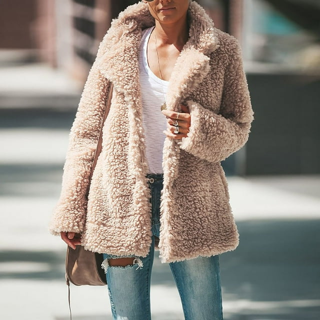 EGNMCR Veste à Manches Longues pour Femmes, Veste Décontractée Sans Capuche à Manches Longues, Manteau d'Hiver Chaud et Ample à Col Rabattu pour Femmes