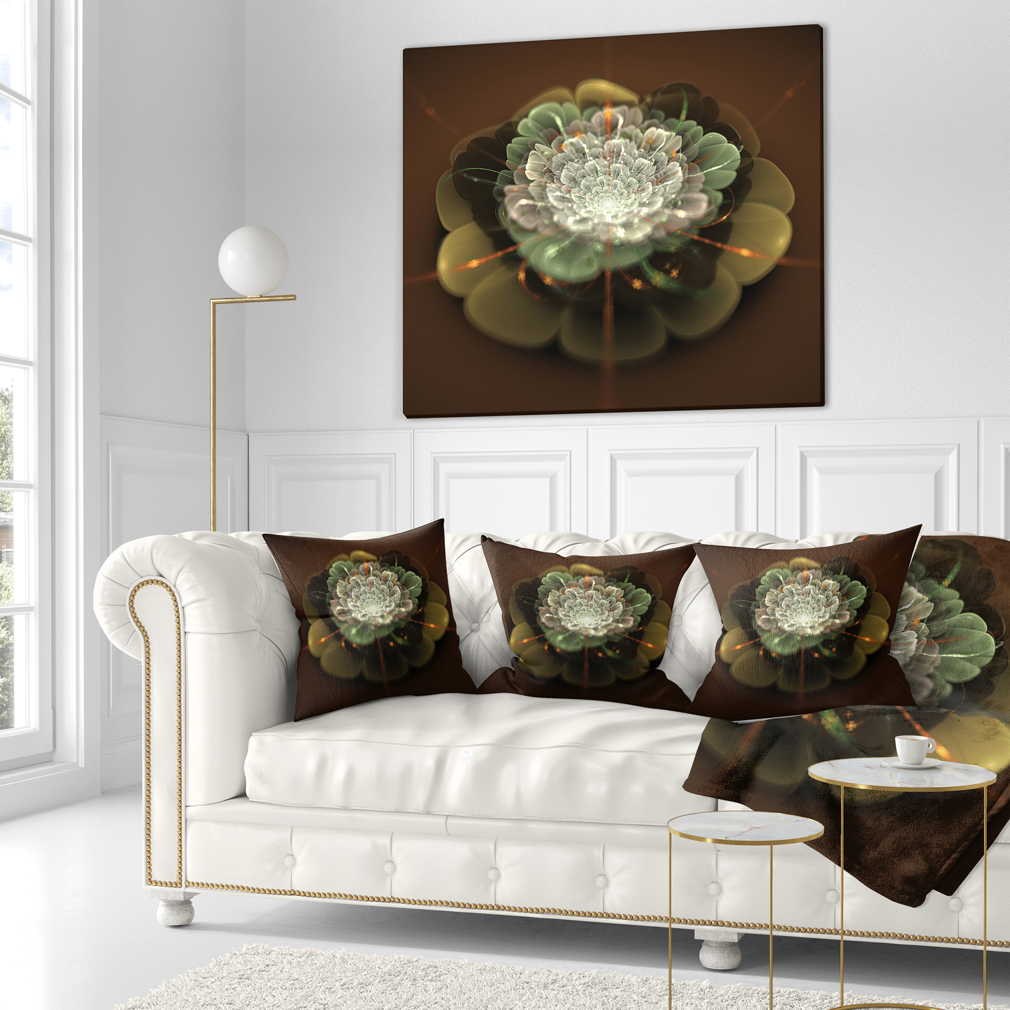 Designart White Fractal Flower on Brown - Flower Throw Pillow - 16x16