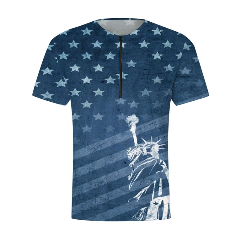 Yuhaotin Patriot Day Funny Tshirts Shirts for Men Sarcastic Mens Summer Independence Day Flag Digital 3D Printing Zipper T Shirt Short Sleeve Shirt