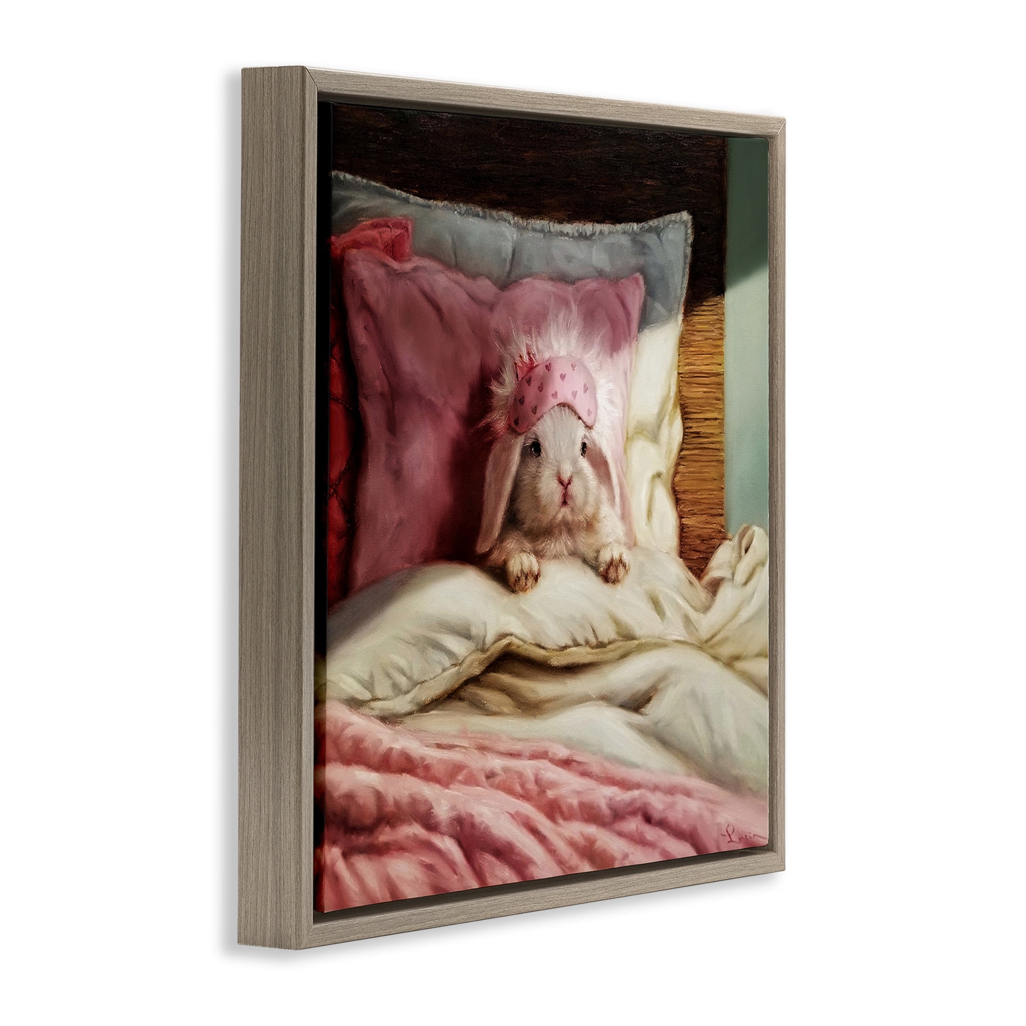 Stupell Industries Bunny Resting in Bed Animals & Insects Painting Brown Floater Framed Canvas Art Print Wall Art, 18 x 18
