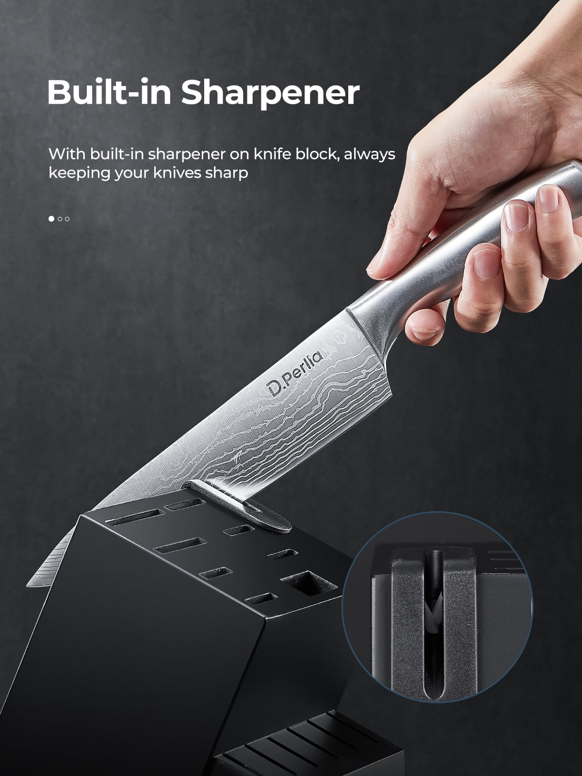 D.Perlla Knife Set , 15 Pieces Stainless Steel Hollow Handle Kitchen Cutlery Set with with Built in Knife Sharpener Block