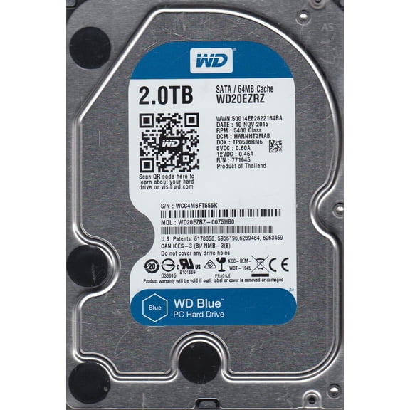 WD20EZRZ-00Z5HB0, DCM HARNHT2MAB, Western Digital 2TB SATA 3.5 Hard Drive