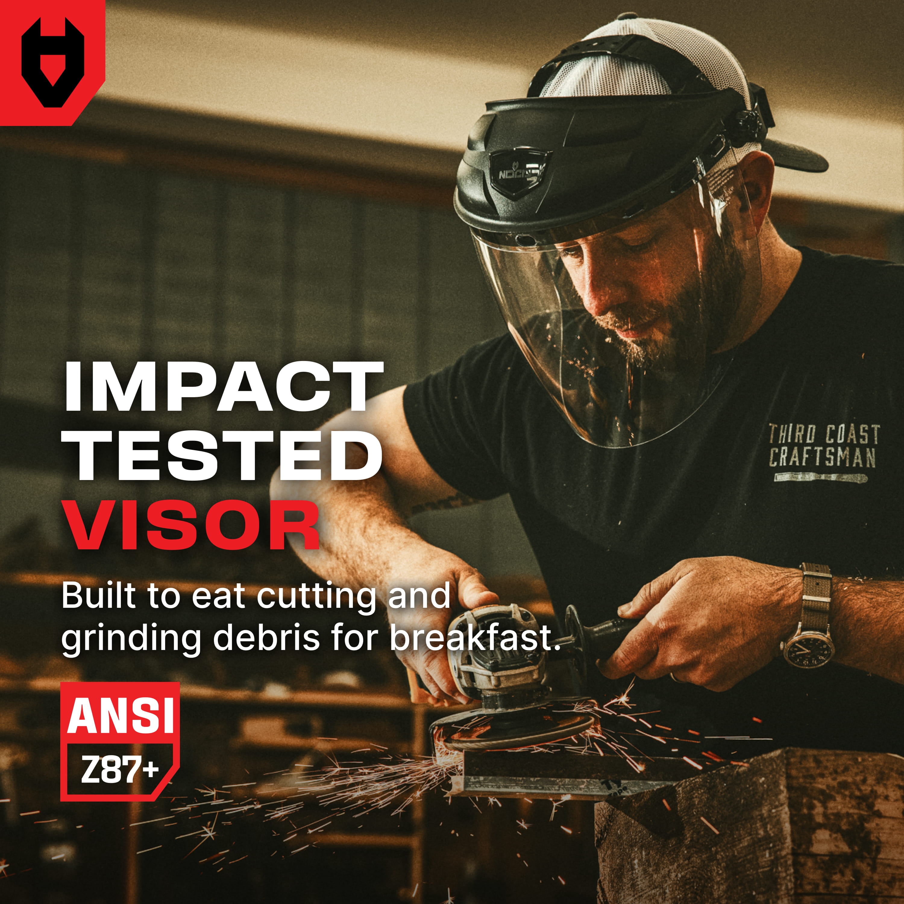 NoCry Premium Safety Face Shield for Grinding and Cutting — Clear Anti-Fog, Impact Resistant Visor and Adjustable Headgear — ANSI Z87.1 Certified for Industrial Use — Washable Sweatbands Included