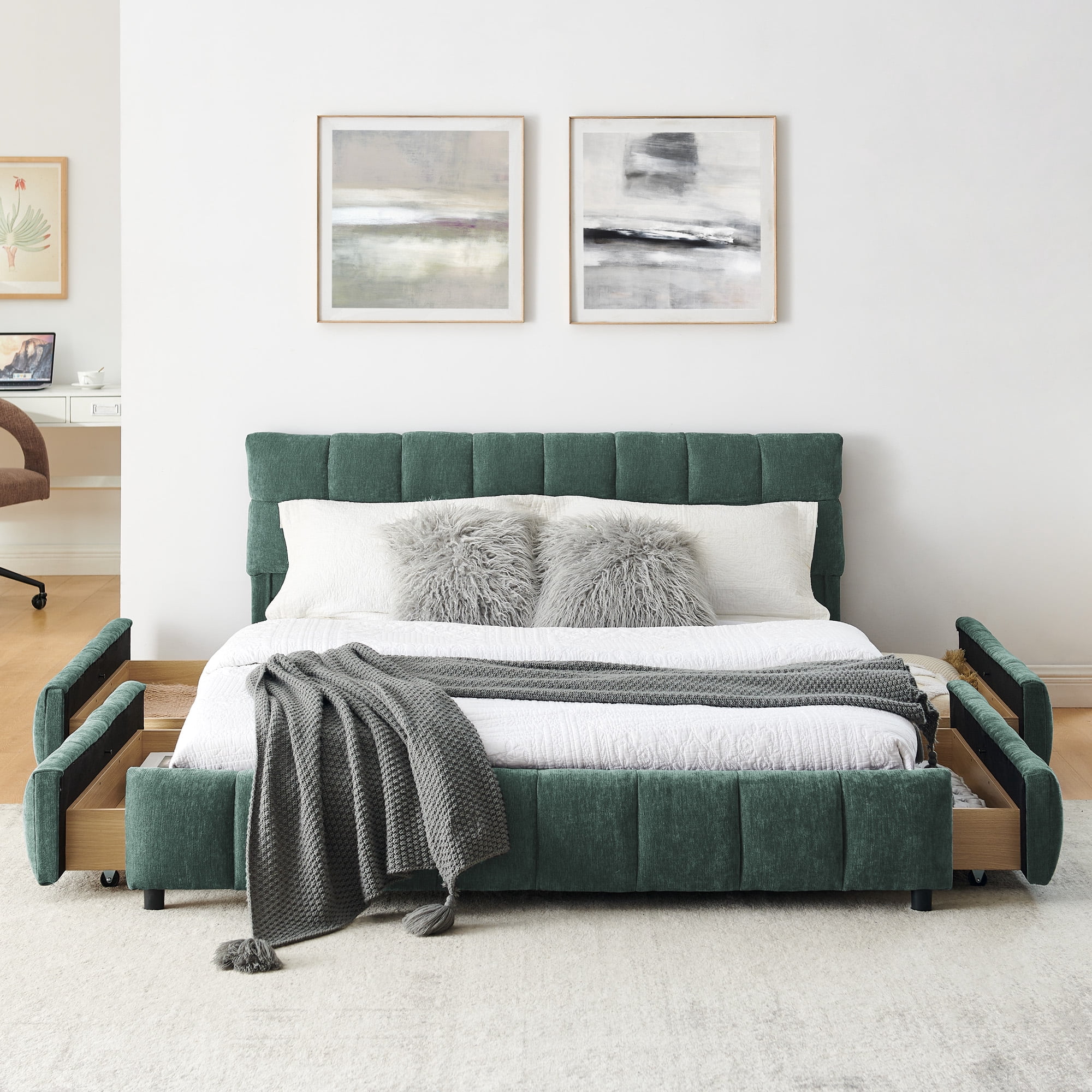 Modern Blueish Green Wood Frame Queen Chenille Upholstered Platform Bed with Headboard & 4 Drawers
