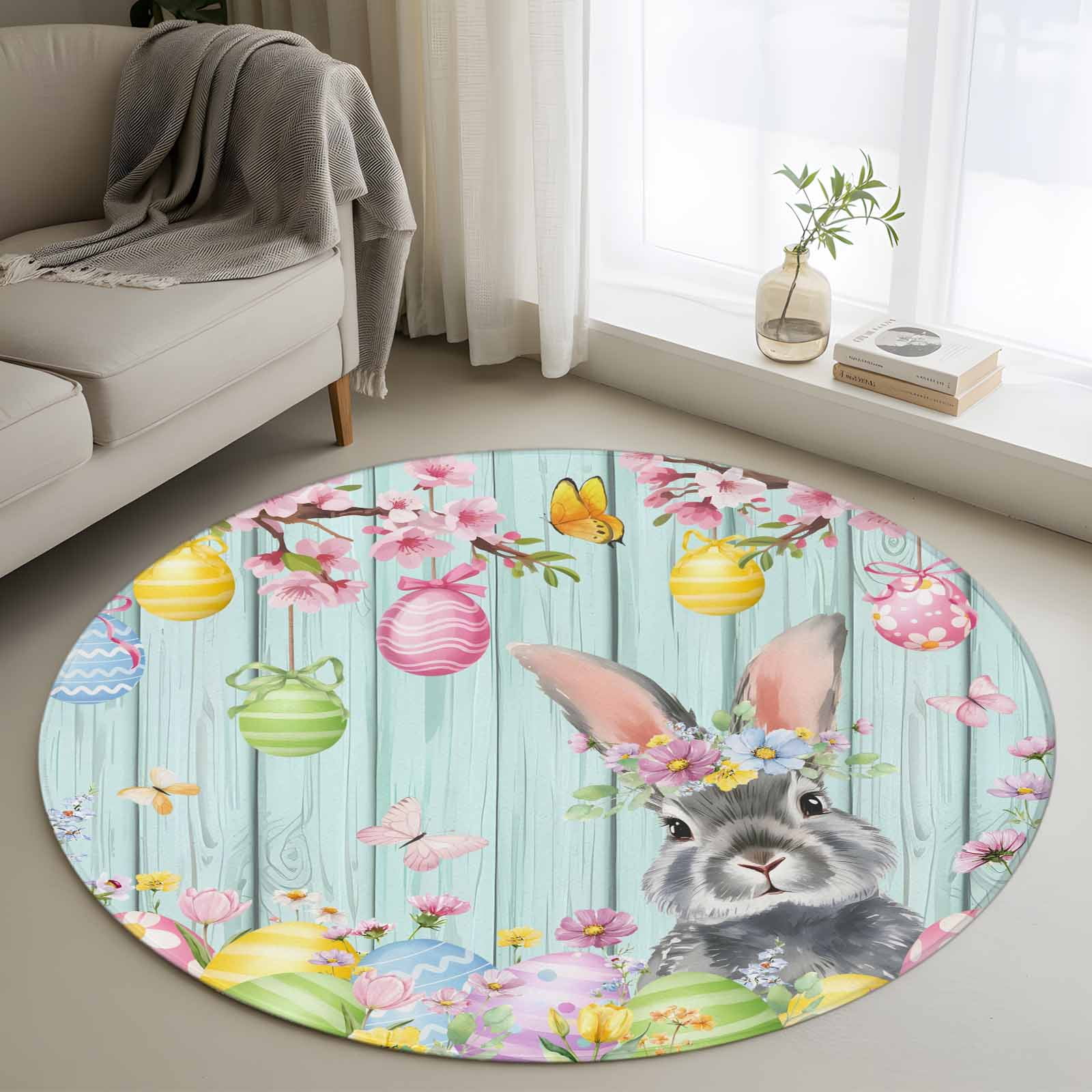 Round Area Rug 4ft Easter Spring Flower Rabbit Eggs Non-Shedding Washable Area Rug Floral Butterfly on Teal Wood Non Slip Low-Profile Circle Rugs for Living Room Bedroom Dining Room