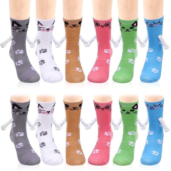 Bocaoying 6 Pairs Crazy Silly Cat Magnetic Socks, Colorful Funny Magnetic Suction Socks for Couples, Anniversary, Best Friends, Engagements, Teens