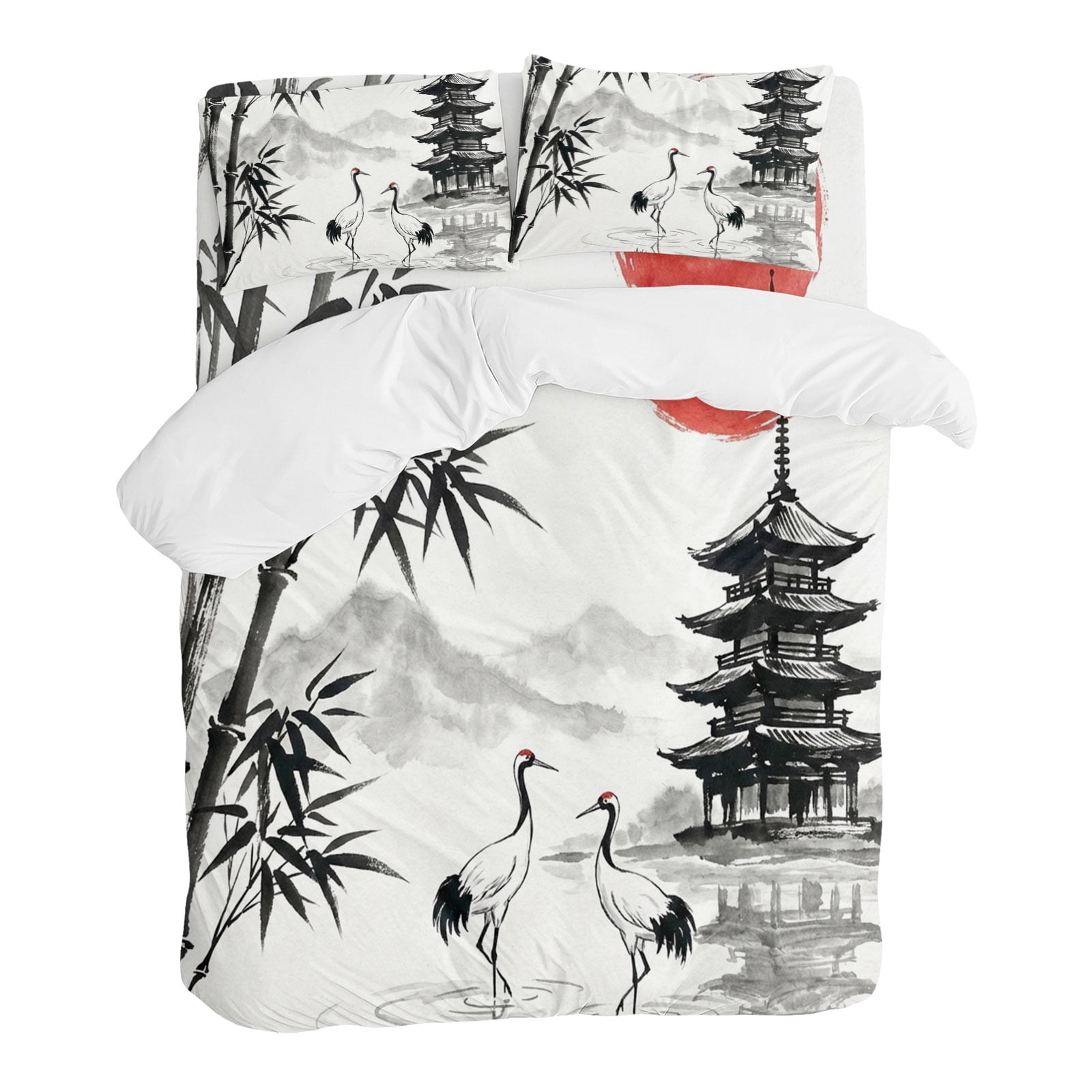 White Crane 4 Piece Duvet Cover Set Queen Size Ink Wash Gray Black Bamboos Trees Japanese Pagoda Red Sun Soft Bedding Set Comforter Cover, 1 Duvet Cover 1 Flat Sheets and 2 Pillowcases