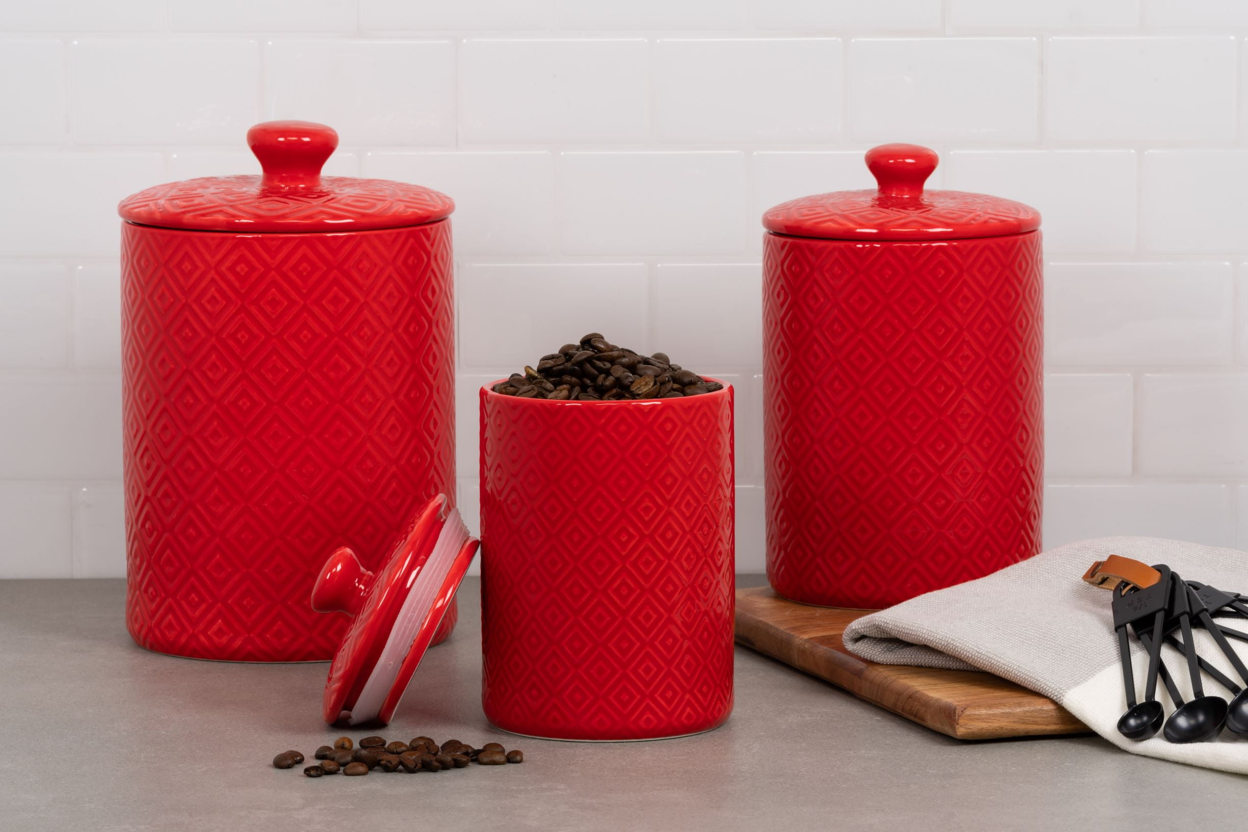 10 Strawberry Street Diamond 3 Piece Canister Set, Red