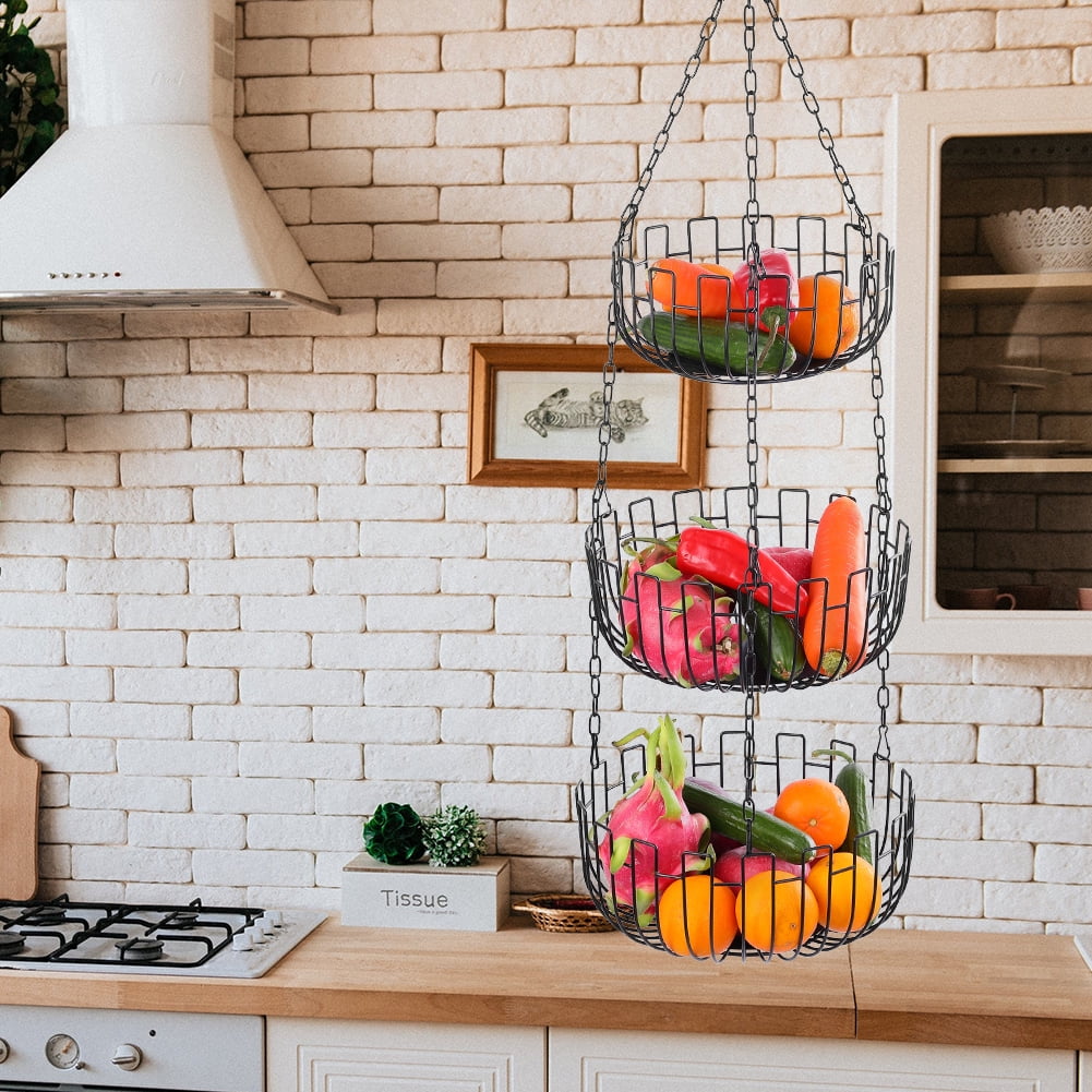 MODANU 3 Tier Hanging Fruit Basket Storage Basket for Kitchen Home, Heavy Duty - Black