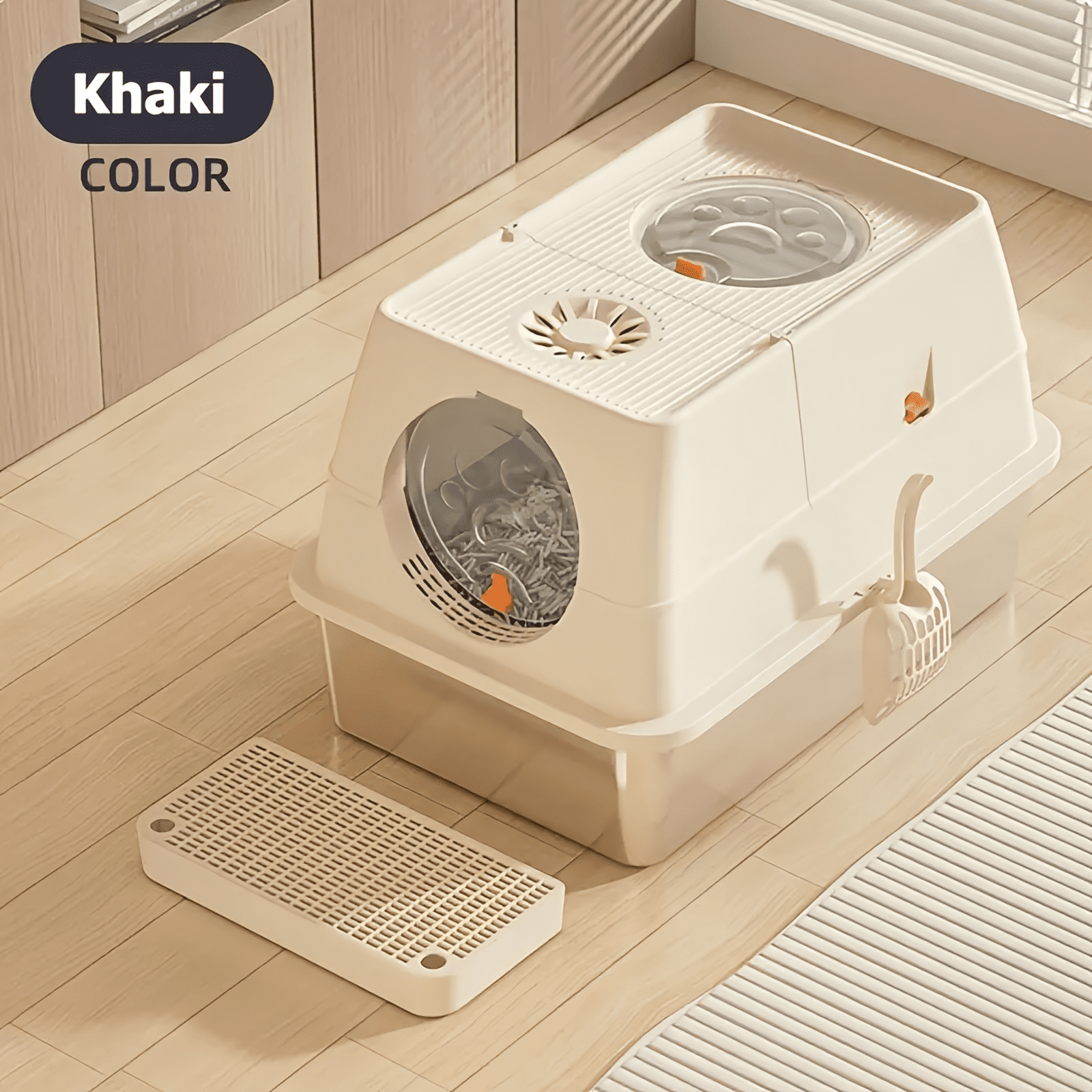 PetWhole Extra Large Stainless Steel Enclosed Cat Litter Box with Litter Scooper, Beige