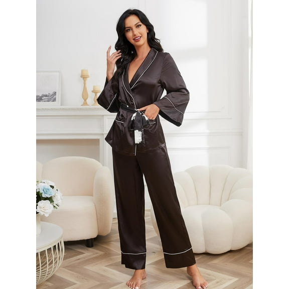 ebukurty Women's Pajama Sets 2 Piece Belted Robe Long Sleeve Soft Sleepwear with Pockets, Sizes S-XL