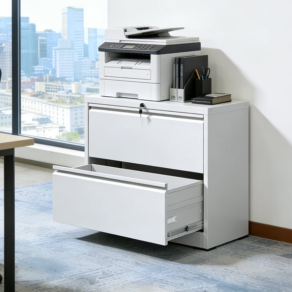 DRNANLIT 35.4 Inch Locking Lateral File Cabinet, Heavy Duty Metal Filing Cabinet for Home Office with Anti-Tip & Adjustable Hanging Rods, 2 Drawer