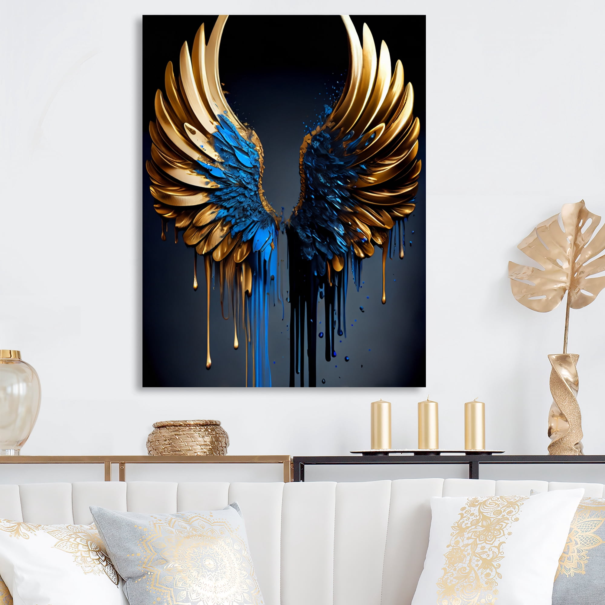 Designart Blue And Gold Angel Wings III Canvas Wall Art