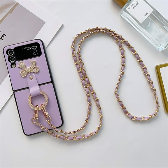 for Samsung Galaxy Z Flip 3 5G Ring Holder Case with Crossbody Lanyard Luxury 3D Sparkle Crystal Diamond Bling Glitter Cute Slim Leather Phone Case for Galaxy Z Flip 3 Women Girls, Purple