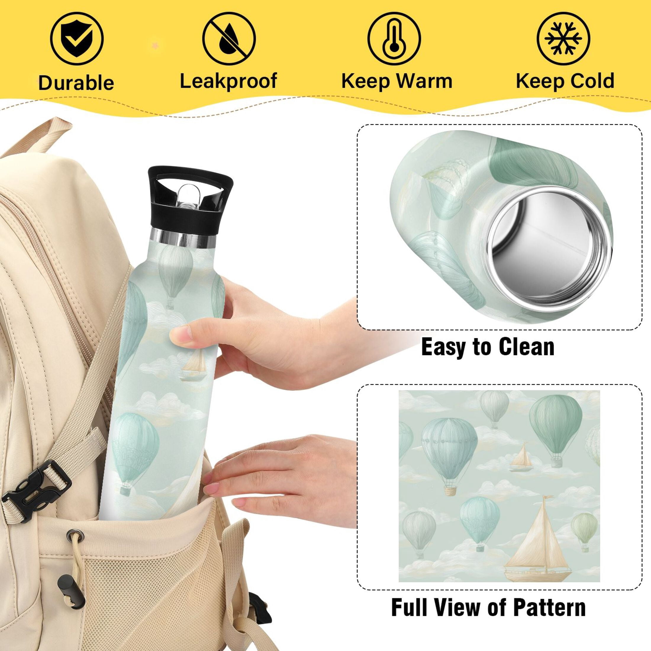 Kids Insulated Stainless Steel Sports Water Bottle 600ml (20oz) Balloon and Sailboat