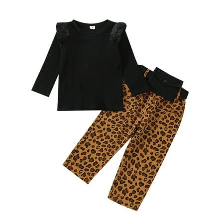 

Bagilaanoe 2Pcs Toddler Baby Girl Long Pants Set Black Long Sleeve Pullover Tops + Leopard Print Trousers with Waist Bag 18M 24M 3T 4T 5T 6T Kids Fall Casual Outfits