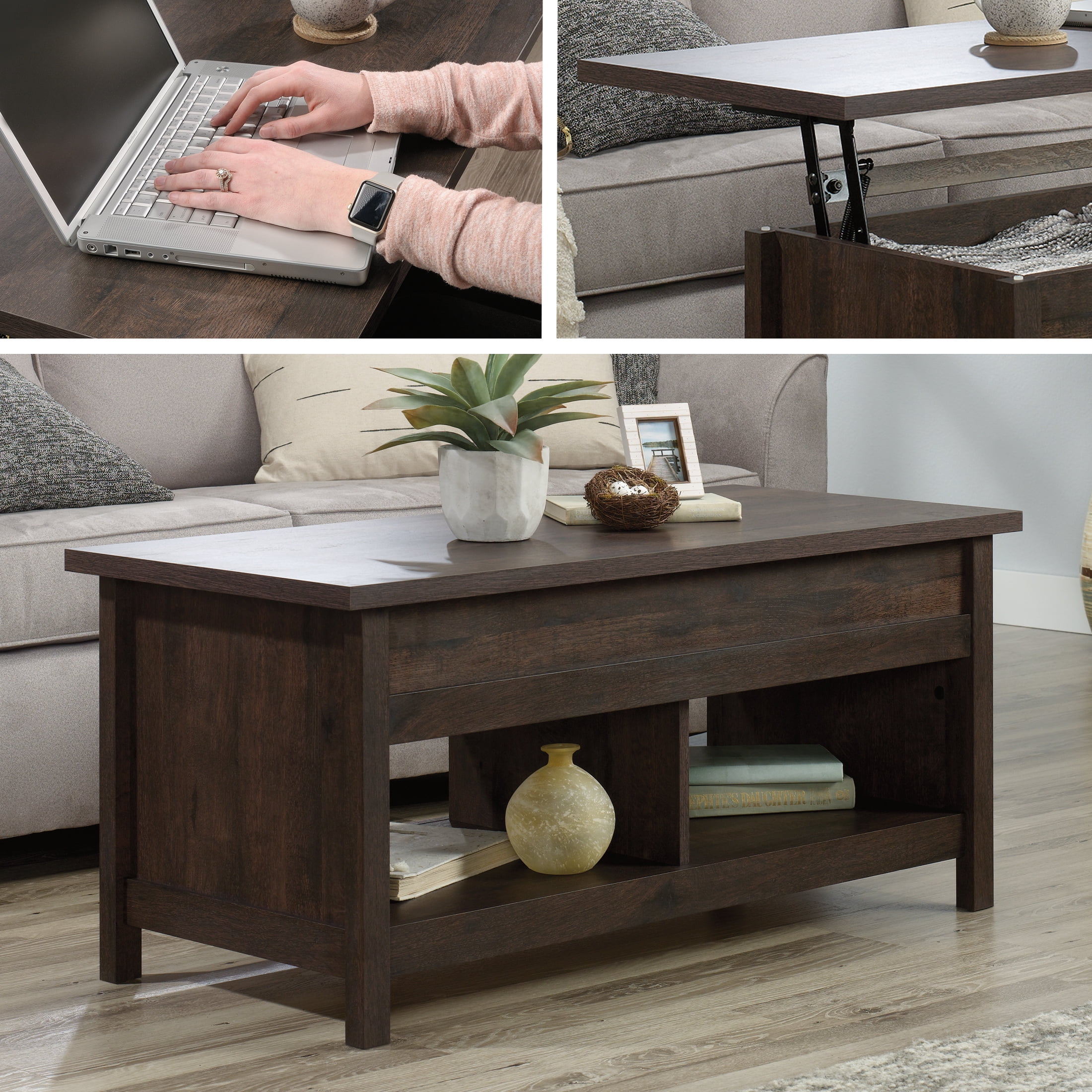 Sauder Cannery Bridge Lift Top Coffee Table with Storage and Shelf Coffee Oak Finish
