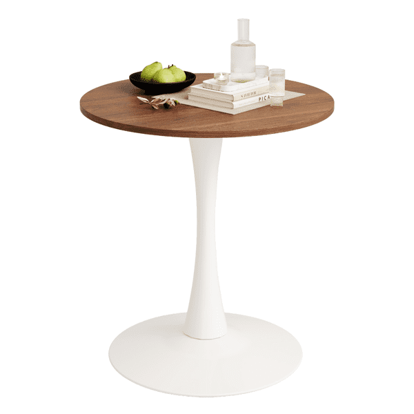 Round Tulip Dining Table, 27.6 Inch 2-Seater Kitchen Table, Melamine Laminated MDF Tabletop with Metal Pedestal Base, Easy Assembly Breakfast Table for Apartment Dining Nook, White & Walnut