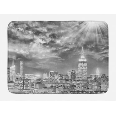 Urban Bath Mat, Dramatic New York City Skyline Sun Beams Clouds Skyscrapers Monochrome Landscape, Non-Slip Plush Mat Bathroom Kitchen Laundry Room Decor, 29.5 X 17.5 Inches, Black White, Ambesonne