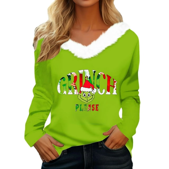 Women's Christmas Long Sleeve V-Neck T-Shirt Floral Pattern Polyester Blend Junior Fall Polyester Blend Junior Fall Winter Tee FN24749