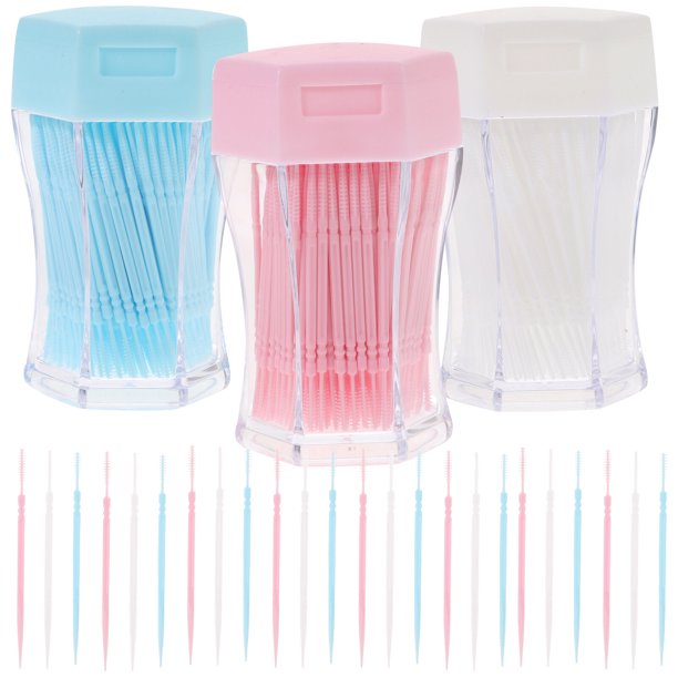 EeaseMX 600 limpiadores de cepillos interdentales reutilizables de doble punta, hilo dental, palillos de dientes y herramientas de cuidado bucal (blanco, azul y rosa, 200 unidades de cada color)