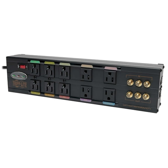 Tripp Lite Isobar 10 Outlet Audio/Video Surge Protector Tel/Modem/Coax/Network 8ft Cord Right Angle Plug, & $500,000 Insurance (HT10DBS) Black CA3