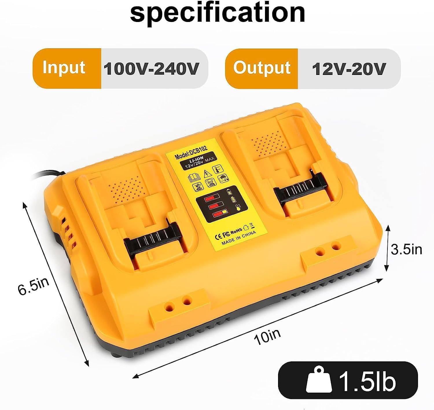 SUNBAT DCB102 Replacement for DeWalt Battery Charger Station Compatible with Dewalt 12V/20V Battery Charger Work with Dewalt 20V Battery and Tools