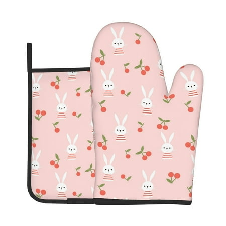 

Junzan Rabbit And Cherry Pattern Oven Mitts and Pot Holders 2 pcs Set Potholders BBQ Gloves Long Kitchen Oven Glove for Cooking Baking Grilling (2-Piece Set 11 Inch)