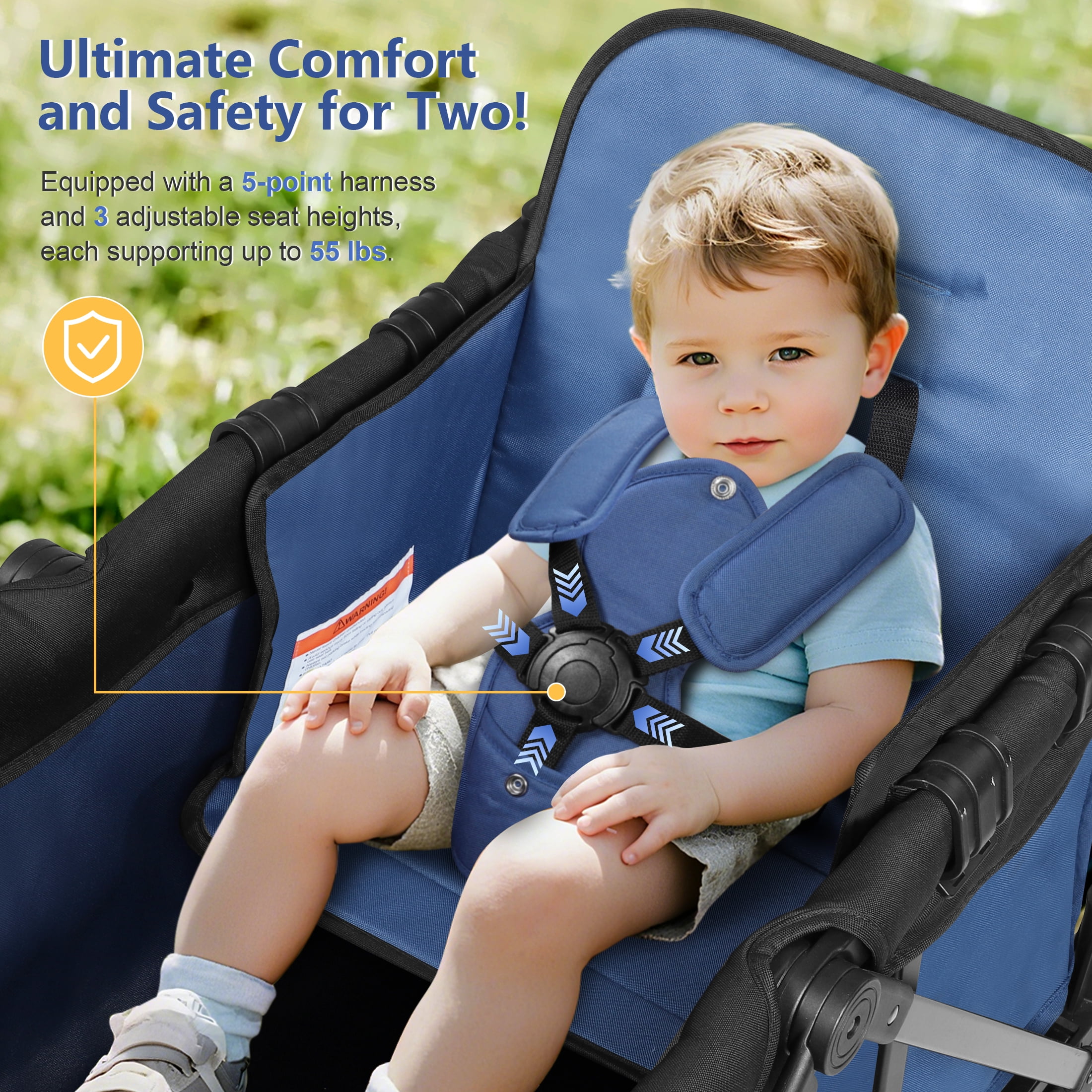 Minikid Baby Wagon Stroller for 2 Kids, Toddler Stroller with Canopy, 5-Point Harness, Adjustable Handlebars, Removable Seat, Blue
