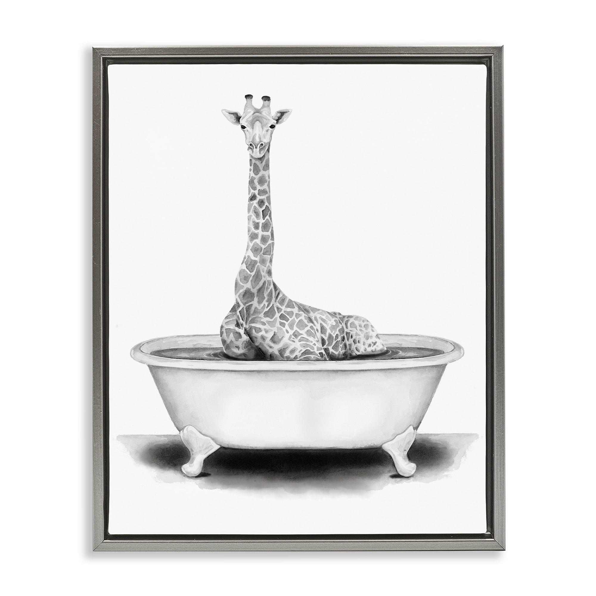 Stupell Industries Giraffe In A Tub Funny Animal Bathroom Drawing Luster Gray Framed Floating Canvas Wall Art, 24x30, by Rachel Neiman