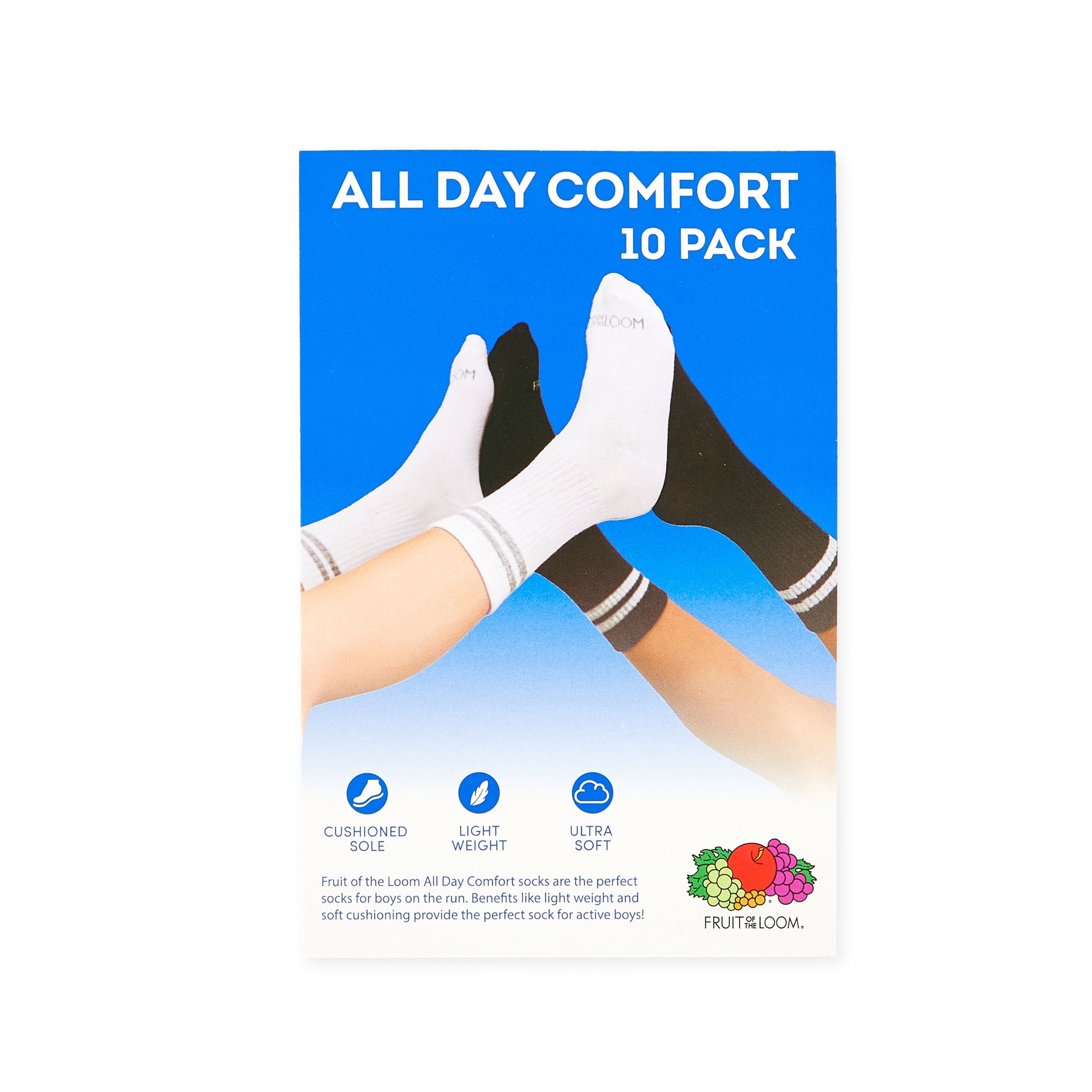 Fruit of the Loom All Day Comfort Boys Ankle Socks, Sizes 4.5-9, 10-Pack