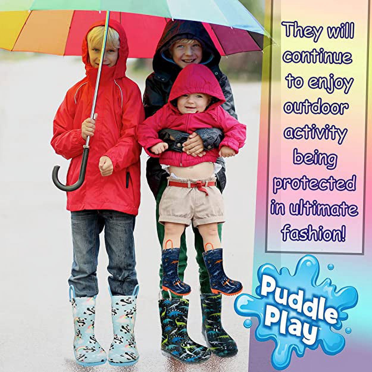 Puddle Play Waterproof Black And Green Dinosaurs PVC Rain Boots Easy-On Handles - Size 11 Little Kid