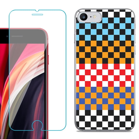 Slim-Fit Fashion Gel Phone Case for iPhone SE 2022, with Tempered Glass Screen Protector, by OneToughShield ® - Colorful Checker