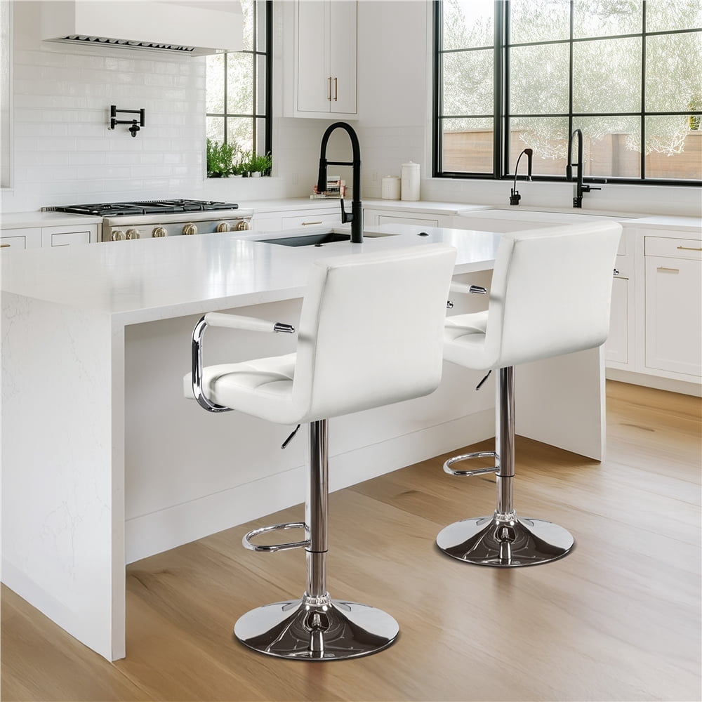 Yaheetech PU Leather Swivel Bar Stool with Tufted Backrest and Padded Armrests, White