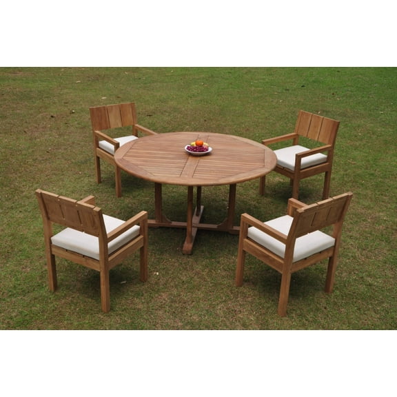 Grade-A Teak Dining Set: 4 Seater 5 Pc: 60" Round Table And 4 Veranda Arm Chairs Outdoor Patio WholesaleTeak #WMVRl