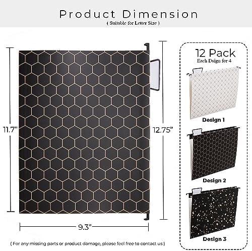 12 Pack Decorative Hanging File Folders Letter Size Rose Gold File Folder Pretty Hanging Folder Organizer for Filing Cabinet Office Home with 1/5-Cut Adjustable Tabs, 3 Black Foil Design
