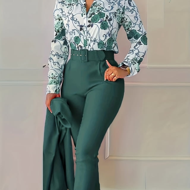 Conjunto De Dos Piezas Elegante, Blusa De Manga Larga Con Cuello En V Estampada Con Flores Y Pantalones Cónicos Con Cinturón Sólido, Ropa De Mujer